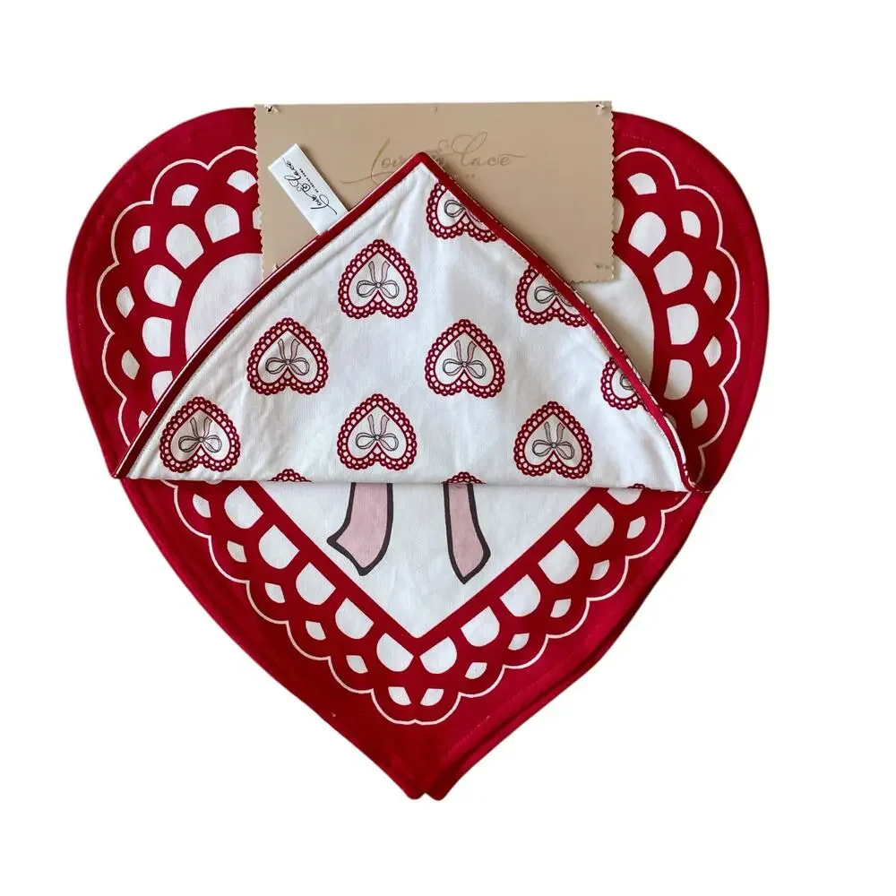 Reversible Heart Shaped Bow Valentine Placemats 15in Cotton Set of 4 XO Love NEW